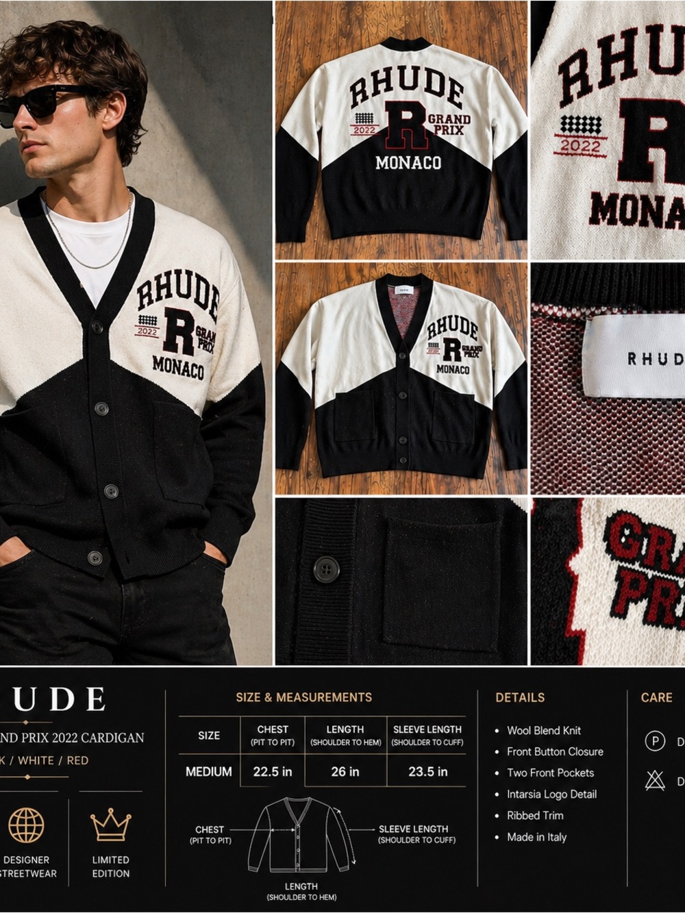 “Rhude Monaco‎ Grand Prix 2022 Cardigan Sweater Black White Varsity Men’s”